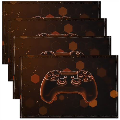 Erosebridal Gamer Boys 4 PCS of Placemats 12x18 Joystick Place Mat for Dining Table Gamepad Hexagon Spots 3D Non Slip Table Mats Brown Honeycomb - color: Brown