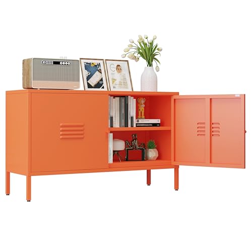 Storage Cabinet with Doors and Shelves -Metal TV Stand - Metal Storage Accent Cabinet for Home, Office, Entryway,LivingRoom. (tv Stand Cabinet, Orange) - color: Orange, style: tv stand cabinet