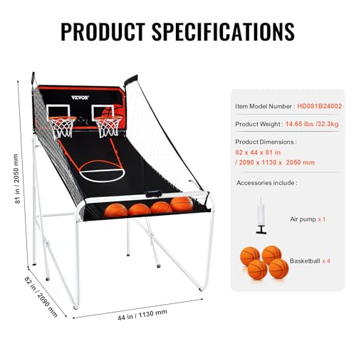 VEVOR Basketball Arcade Game Indoor, 2 Player Indoor Basketball Game, Home Dual Sport with 8 Game Modes, Electronic Scoreboard, and Inflation Pump,Adults - style: Foldable & 4 Balls