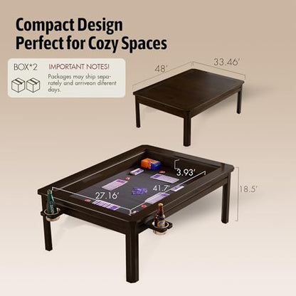 Solid Wood Board Game Coffee Table with Removable Top, 3-in-1 Gaming and Dining Table Includes Play Mat & Detachable Cup Holders, 48" L x 33" W - color: Black Walnut01