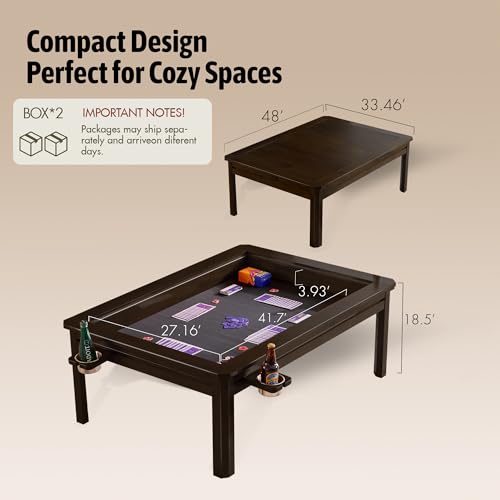 Solid Wood Board Game Coffee Table with Removable Top, 3-in-1 Gaming and Dining Table Includes Play Mat & Detachable Cup Holders, 48" L x 33" W - color: Black Walnut01