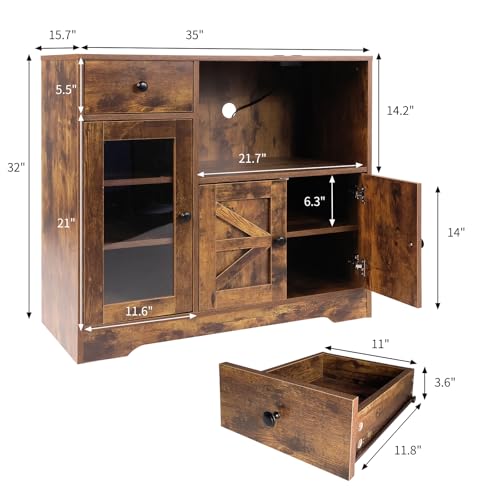 Storage Cabinet with Power Outlet, 35"" Modern Sideboard Buffet Cabinet w/Adjustable Shelf, Wooden Kitchen Cabinet with Open Shelves for Living Room, Dining Room, Kitchen, Brown, 1 PCS - color: Brown, style: Microwave Cabinet