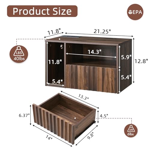 BuildHom Floating Nightstand with Charging Station, Walnut Fluted Wall Mounted NightStand with Drawers, Bedside with USB Ports and Outlets, Bedroom Furniture (Set of 2) - color: Walnut, size: Set of 2