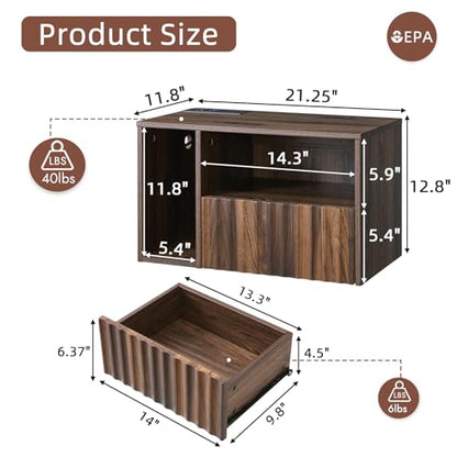 BuildHom Floating Nightstand with Charging Station, Walnut Fluted Wall Mounted NightStand with Drawers, Bedside with USB Ports and Outlets, Bedroom Furniture (Set of 2) - color: Walnut, size: Set of 2