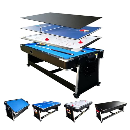 7FT Pool Table Dining Table Combo, 4-in-1 Multi-Game Table with Air Hockey & Ping Pong Tabletop, Convertible Billiard Table for Adults, Indoor/Outdoor Pool Table - color: Blue