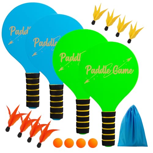 TEILLNET Paddle Ball Set, Outdoor Games for Adults and Family, Badminton Sets for Backyards Yard Game with 4 Rackets 4 Balls 8 Birdies, Beach Toys Pool Lawn Outside Park Camping Family Games Gifts - color: Beach Paddle Ball Set