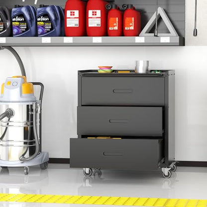 Metal Storage Cabinet with Wheels, Garage Storage Cabinet with 3 Drawers, Rolling Tool Cabinet, Assembly Required, Black - color: Black, style: 3 Drawers