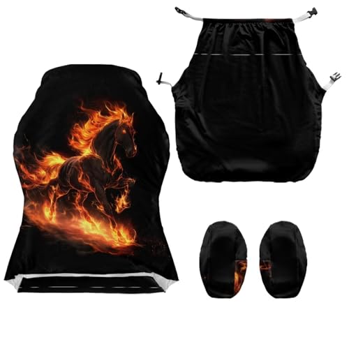 4Pcs Elastic Gaming Chair Slip Cover Set Fire Horse Print Game Chair Cover with Armrest Covers Skin Friendly Breathable, Machine Washable - color: Black and Orange - Fire Horse