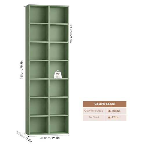 FOTOSOK 71'' Tall Bookshelf with 14 Cubes, 7 Tier Double Wide Bookshelf with 6 Adjustable Shelves, 19.6" Narrow Bookcase DVD/CD Media Storage Shelf, Space Saving Display Shelf Cabinet, Green - color: Green