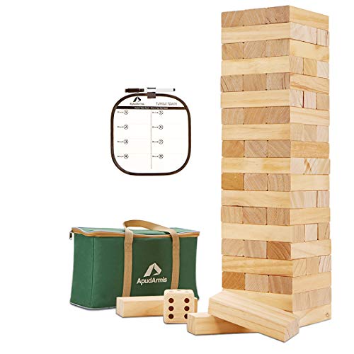 ApudArmis 60 PCS Tumble Tower, (Stack up to 5Ft) Pine Wooden Stacking Timber Game with 1 Dice Set - Classic Block Outdoor Game for Teens Adults Family - color: Burlywood, size: L-Stack to 5 FT