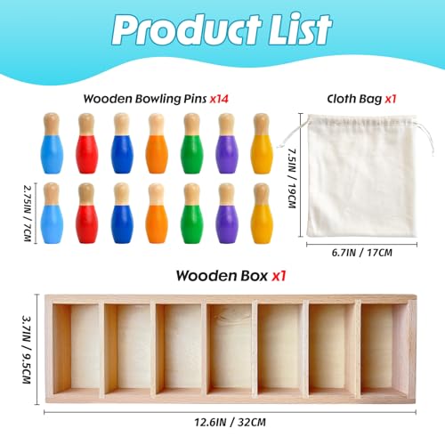 pamexin Family Games for Kids, Wooden Bowling Color Matching Game with 7 Bright Pins and Storage Bag, Family Board Games Party Birthday Gift, Fun Party Game for Boys Girls