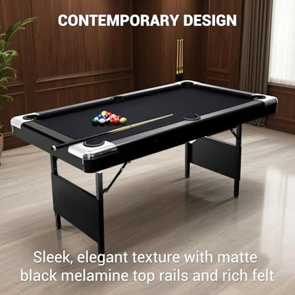 7 Foot Pool Table for Family, Foldable No Assembly Pool Table with Balls, Cues, Chalk, Rack & Brush, Portable Billiards Game Table for Apartment, Basement, Office & Game Room - size: Black-6FT