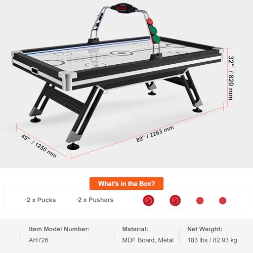 Happybuy Air-Powered Hockey Table, 89" Indoor Game for Kids and Adults with LED Score System, 2 Pucks & Pushers Included