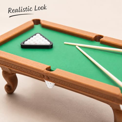 DECHOUS 1 Set Miniature Dollhouse Pool Table Set - 1:12 Scale Mini Billiard Table with Cues and Balls - Dollhouse Game Room Decor