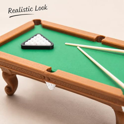 DECHOUS 1 Set Miniature Dollhouse Pool Table Set - 1:12 Scale Mini Billiard Table with Cues and Balls - Dollhouse Game Room Decor