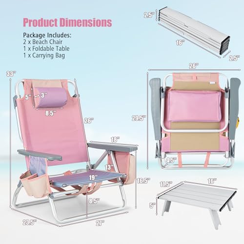 Tangkula Backpack Beach Chair with Table, 5-Position Lay Flat Chairs with Cooler Bag, 2 Cup Holders, Towel Bar, Lightweight Low Folding Chair with Backpack Straps, Pink - color: Pink, style: 2 Pack with Table