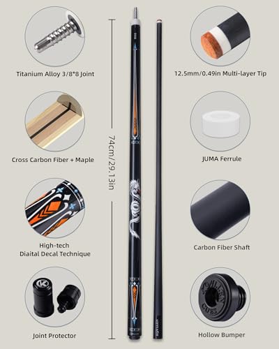KONLLEN Carbon Fiber Pool Cue 2.0, 58-inch Low Deflection Billiard Stick for Adults with 12.5mm Tip and Pro Taper - color: 016 AK-10YF 2.0 set-black