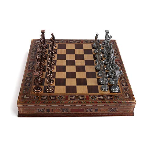 Medieval British Army Antique Copper Metal Chess Set for Adults,Handmade Pieces and Natural Solid Wooden Chess Board with Storage Inside King 3.35inc