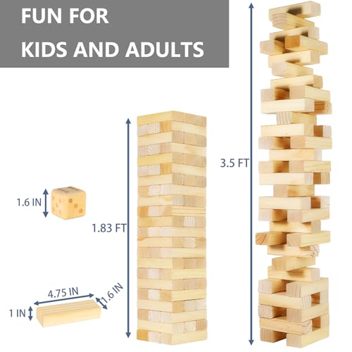 Megwoz Medium Tumble Tower Games for Kids and Adults 66 Blocks New Zealand Pine Wooden Blocks Stacking to 3.5FT Family Games for Indoors Outdoors Yard Games for Family - size: M-Up to 3.5FT