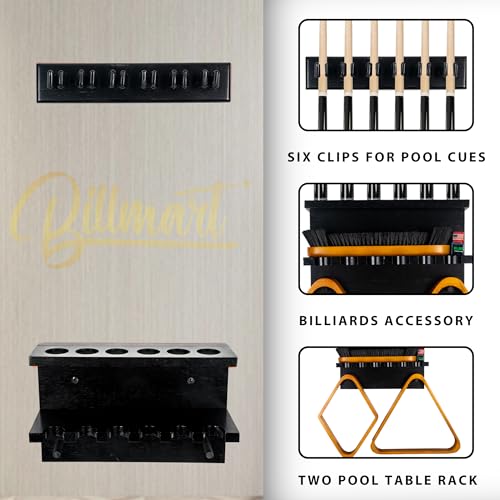 Billmart Wall Mount Pool Stick Holder - Billiards Pool Cue Rack for 6 Cues Sticks Storage Pool Table Accessories, Black