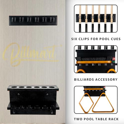Billmart Wall Mount Pool Stick Holder - Billiards Pool Cue Rack for 6 Cues Sticks Storage Pool Table Accessories, Black