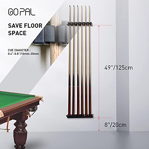 Go Pal CR1 Black Pool Cue Holder, Wall Mount Pool Stick Rack for 6 Cues Stick Storage, Pool Cue Set Rack, Pool Table Rods Organizer