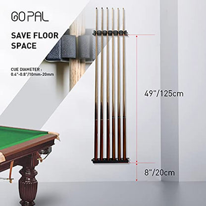 Go Pal CR1 Black Pool Cue Holder, Wall Mount Pool Stick Rack for 6 Cues Stick Storage, Pool Cue Set Rack, Pool Table Rods Organizer
