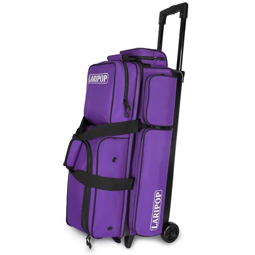 LARIPOP 3 Ball Bowling Bag with Wheels and Shoe Compartment, Rolling Bowling Bag for 3 Balls, Heavy Duty Bowling Roller Bag with Retractable Handle for Men Women - color: Purple