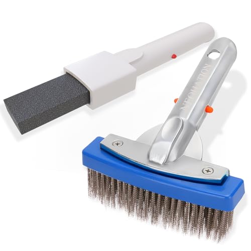 Pool Pumice Stone and 5 inch Stainless Steel Pool Brush Set with EZ-Clip Handle to Reomve Erase Rust Stain Spot in Concrete Plaster Pool Spa and Calcium Deposit on Pool Tile