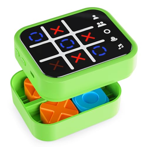 Rechargeable Tic Tac Toe Game Box with 5 Fun Brain Memory Games, Electronic Touchscreen Handheld Game, Portable Digital Puzzle Board Travel Toy, Gifts Choice for Kids and Adults (Green)