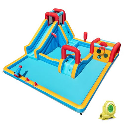 BOUNTECH Inflatable Water Slide Park, 9-in-1 Mega Water Bounce House Bouncy Castle w/2 Large Splash Pools, 735w Blower, Blow up Water Slide Inflatables for Big Kids Aged 3-12 Backyard Party Gifts - style: With 735w Air Blower