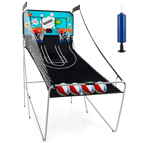 Giantex Foldable Basketball Arcade Game, 8 Game Options, Electronic Double Shot 2 Player w/ 4 Balls and LED Scoring System, Indoor Basketball Game for Kids, Adult - color: Blue