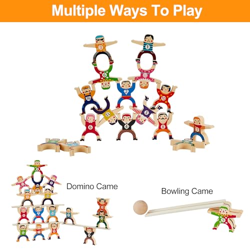 HELLO PAPAYA Wooden Stacking Toys 16Pcs Balancing Building Blocks Game,Circus Hercules Acrobatic Troupe Interlock Toy,for 3 4 5 6 Years Old Kids Adults Toddler Puzzle Toys