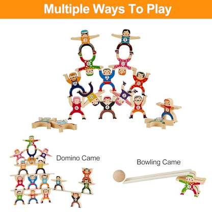HELLO PAPAYA Wooden Stacking Toys 16Pcs Balancing Building Blocks Game,Circus Hercules Acrobatic Troupe Interlock Toy,for 3 4 5 6 Years Old Kids Adults Toddler Puzzle Toys