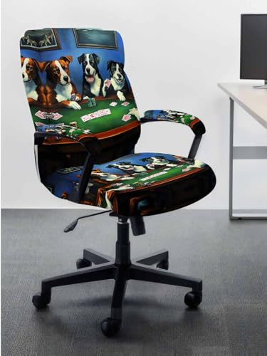 Abstract Animal Office Chair Cover with Armrest Covers, Dog in The Room Play Poker Games Universal Stretch Desk Rotating Chair Slipcovers, Removable Seat Protector with Zipper, S - color: Dark Green Brown, size: Small & 2PCS Armrest Covers