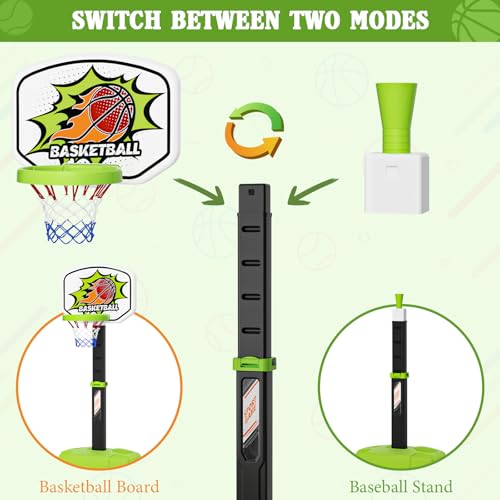 3 in 1 Toddler Basketball Hoop and Tee Ball Set for Boys: Kids Baseball Tee with Automatic Pitching Machine Adjustable Height Indoor and Outdoor Sports Toys Christmas Birthday Gifts for Boy Age 3-12 - style: Green Basketball Hoop