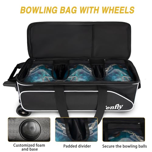 Triple Roller Bowling Bag with Wheels, Heavy Duty 3 Ball Bag for League & Recreational Bowlers - color: Black