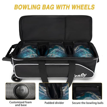 Triple Roller Bowling Bag with Wheels, Heavy Duty 3 Ball Bag for League & Recreational Bowlers - color: Black