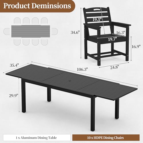 PIZZELLO 11 Pieces Outdoor Dining Set, 106" Extendable Aluminum Patio Dining Table w/ 10Pcs HDPE Patio Chairs, All Weather Outdoor Table and Chairs Sets for Backyard, Garden and Deck - size: 106"Table + 10 HDPE Chairs