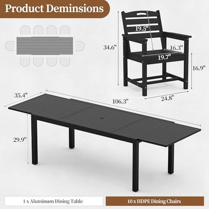 PIZZELLO 11 Pieces Outdoor Dining Set, 106" Extendable Aluminum Patio Dining Table w/ 10Pcs HDPE Patio Chairs, All Weather Outdoor Table and Chairs Sets for Backyard, Garden and Deck - size: 106"Table + 10 HDPE Chairs