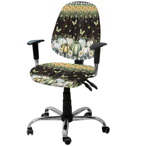 Savannan Office Chair Cover, Botanical Pumpkin Plant Flower Protective Stretch Elastic Universal Cover for Desk Task Chair,Computer Rotating Chair 1 Pcs Black White Plaid and Yellow