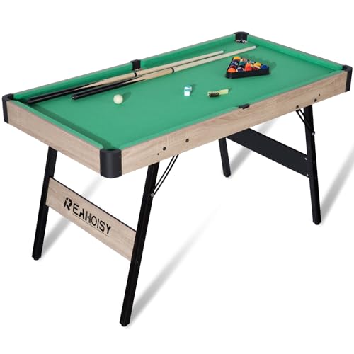 Folding Pool Table, Portable Billiard Game Tables for Kids and Adults, Mini Pool Table with Locking Legs, Adjustable Feet, Balls, Cues, Triangle, Chalk, Brush - color: 54-inch/Green