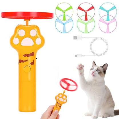 Cat Fetch Toy, Rechargeable Flying Disc Launcher Toy with 6 Flying Discs, Cat Toy Launcher, Flying Bird Cat Toy, Cat Interactive Toys for Outdoor and Indoor (Yellow) - color: Yellow