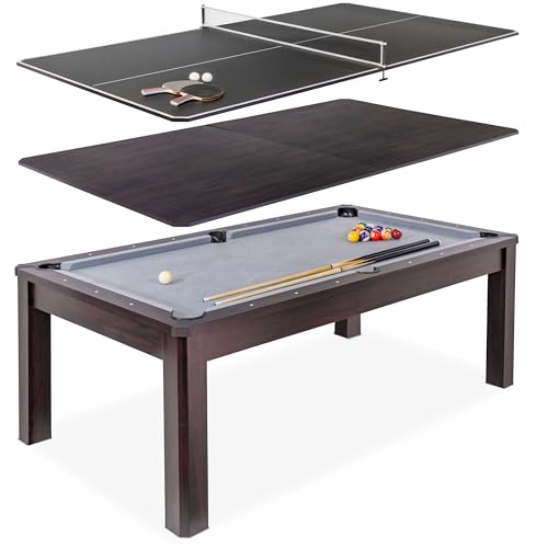 GoSports 3 in 1 Pool, Dining, & Table Tennis Combo Table and Storage Benches - 7 ft or 8 ft - Convertible Billiards and Table Tennis with Accessories - color: 7 ft Dark Oak Table