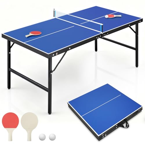 Portable Ping Pong Table, Foldable Indoor Table Tennis Tables Game, Folding Indoor Table Tennis w/ 2 Paddles, 2 Balls and Net for Adults/Teens, Quick Assembly - color: 5FT-BLUE