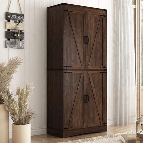 Hlivelood 71" Tall Kitchen Pantry,Farmhouse Storage Cabinet with Adjustable Shelves,Load-Bearing Steel Pipe,Farmhouse Pantry Cabinet with 4 Barn Doors, for Kitchen,Dining Room,Living Room(Brown) - color: Brown, style: 4 Doors
