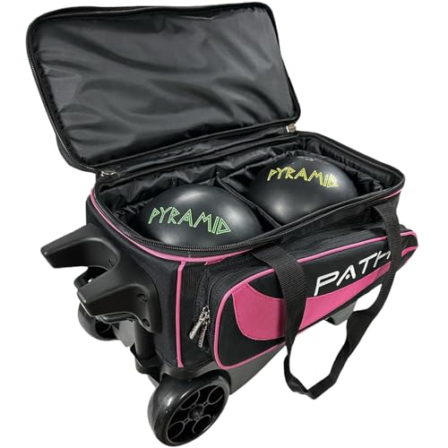 Pyramid Path Premium Deluxe 2 Ball Double Roller Bowling Bag With Large Separate Shoe Compartment (Up To US Mens Size 15) and Oversized Accessory Pocket, Retractable Locking Handle - Extends to 37" - color: Black/Hot Pink