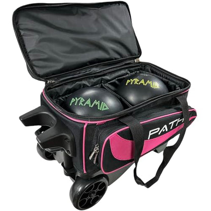 Pyramid Path Premium Deluxe 2 Ball Double Roller Bowling Bag With Large Separate Shoe Compartment (Up To US Mens Size 15) and Oversized Accessory Pocket, Retractable Locking Handle - Extends to 37" - color: Black/Hot Pink