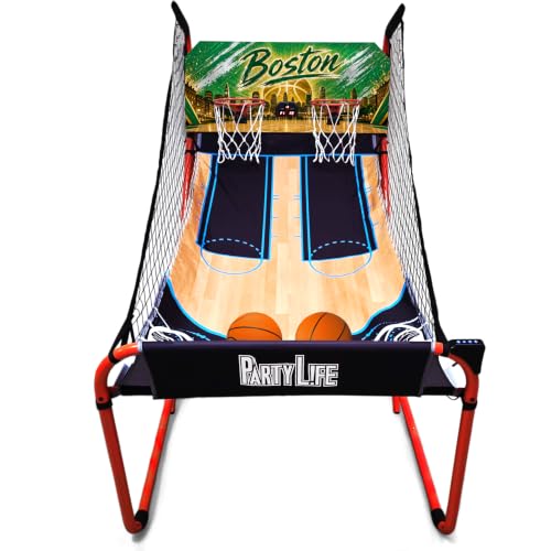 PartyLife 2-Player Basketball Arcade Game w/Optional LED Lights | Electronic Scoring | 5 Balls, 1 Pump, 8 Games | Folding Design | Heavy-Duty Steel Frame - Choose Your Model - color: BOSTON, style: Base Model