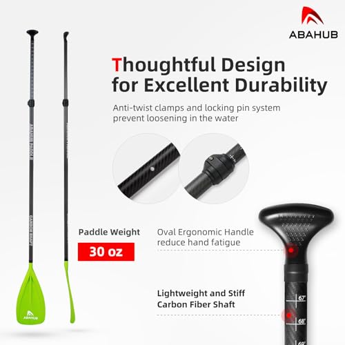 Abahub 1 x 3 Section Carbon Fiber SUP Paddle, Adjustable 67''-86'' Stand Up Paddle Lightweight Carbon Shaft, Black/Blue/Yellow/Green/Orange/Red Plastic Blade + Paddle Bag - color: Green-SUP Paddle